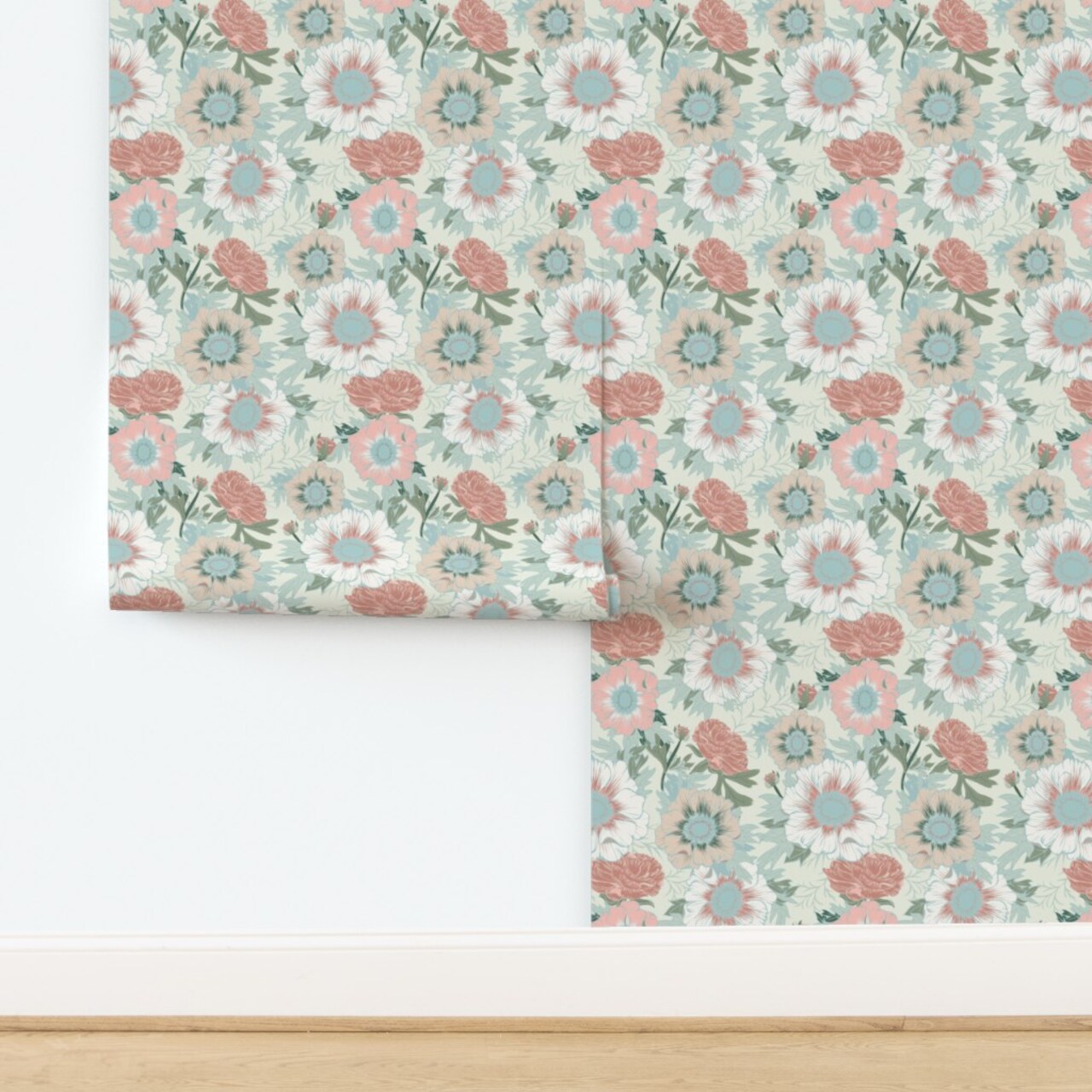 Botanical Pastel Cottagecore Boho Floral Romantic Neutral Anemone Ranunculus Green Pink Flowers Custom Removable Wallpaper by Spoonflower Peel & Stick Wallpaper 2FT Wide
